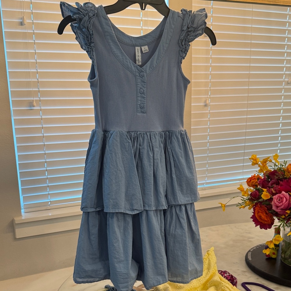 Janie and Jack Dusty Blue Ruffle Sleeve Tiered Dress